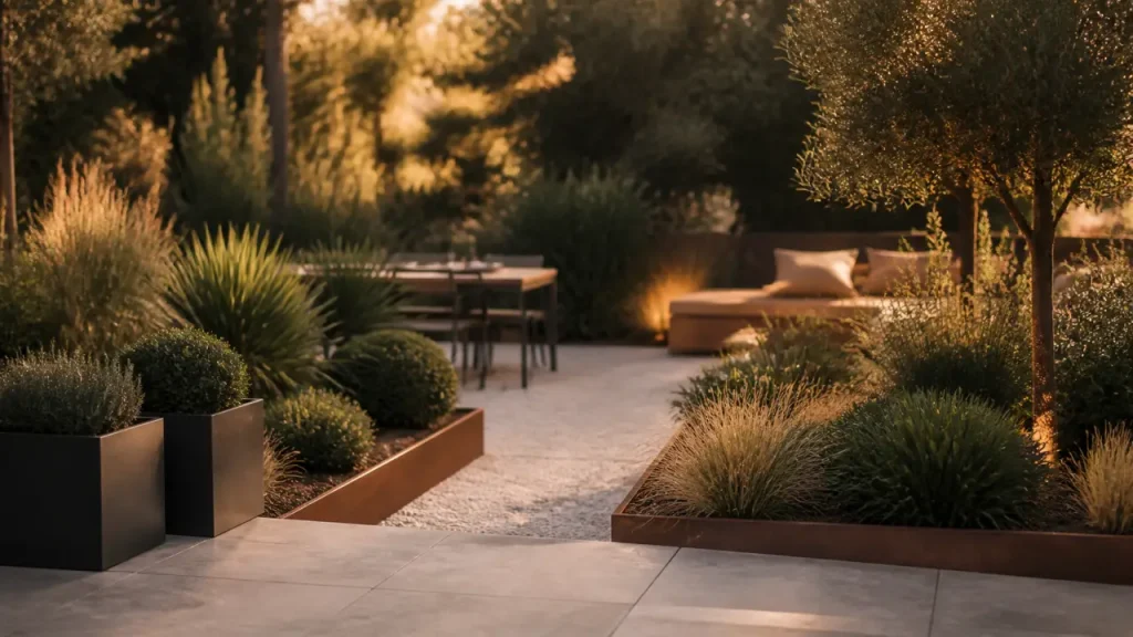 Aménagement jardin moderne : allée en gravier clair et coin lecture