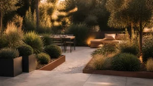 Aménagement jardin moderne : allée en gravier clair et coin lecture