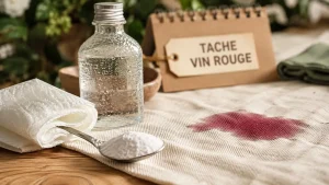 Enlever tache vin rouge : bicarbonate et eau froide sur nappe