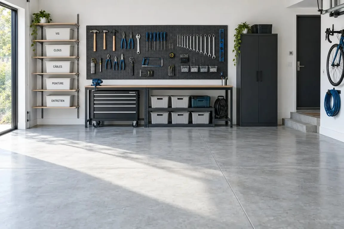 Optimisation rangement garage avec panneau mural et bacs étiquetés