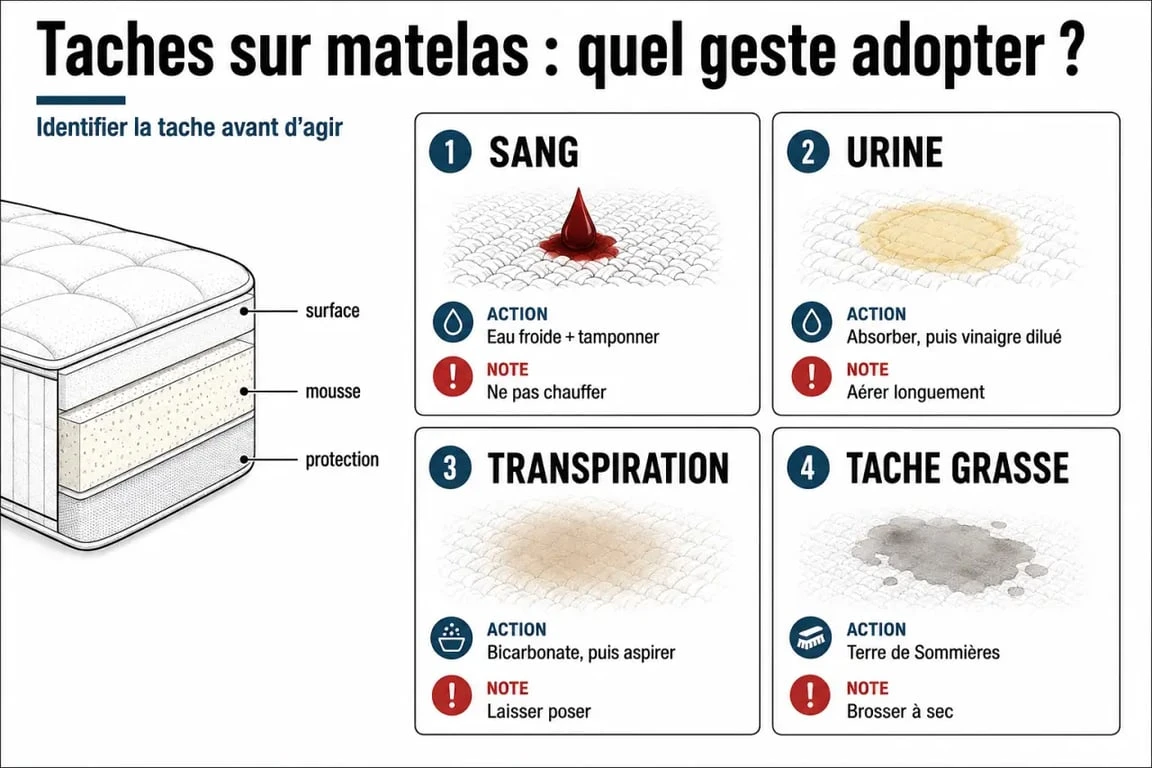 Détacher matelas : guide visuel selon le type de tache