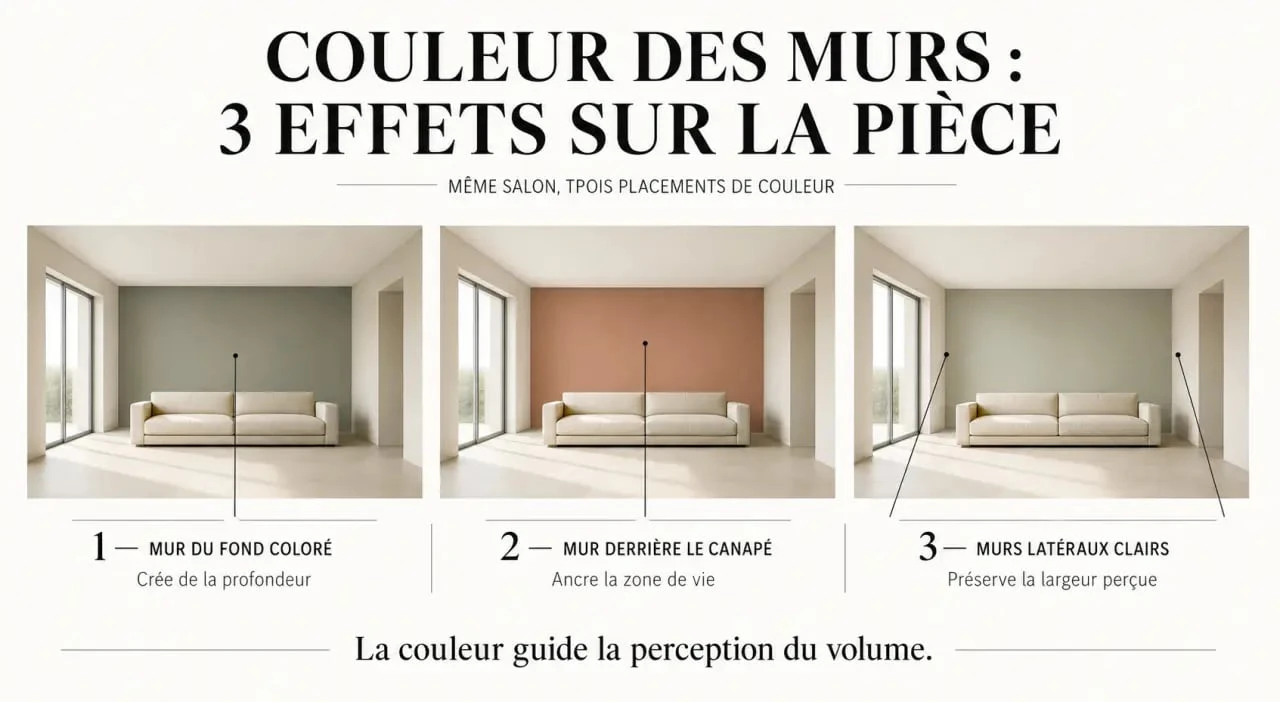 Quel mur peindre en couleur : comparaison du mur du fond et du mur derrière le canapé selon l’effet recherché