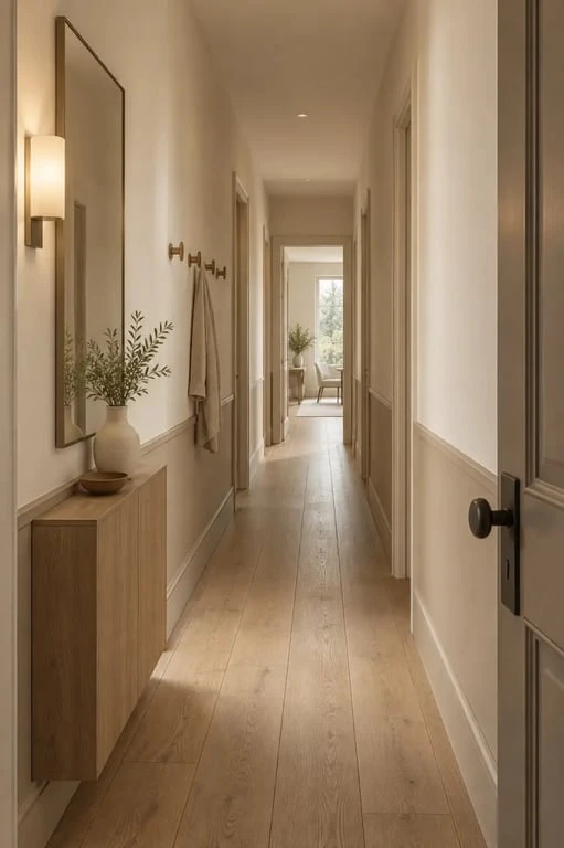 Peinture pour entree maison dans une entrée sombre et étroite avec miroir et soubassement
