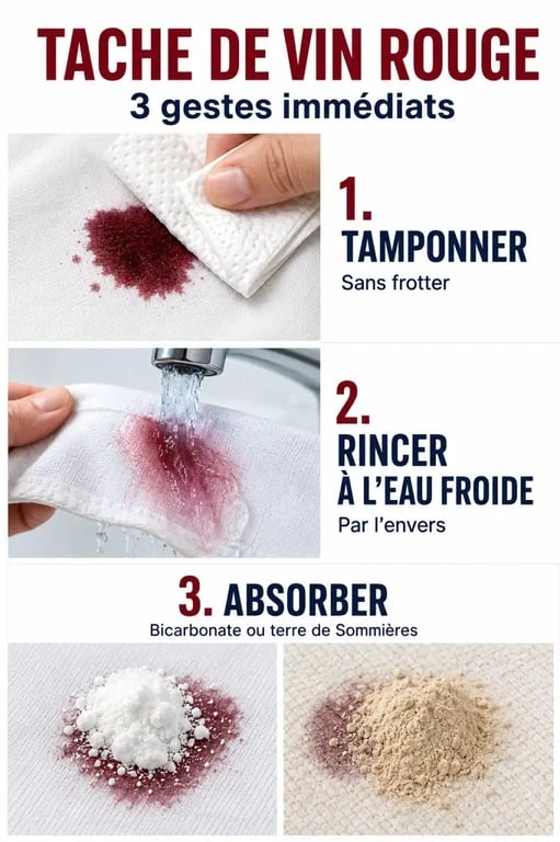 Enlever tache vin rouge : schéma des gestes immédiats sur tissu avec tamponnage, eau froide et bicarbonate