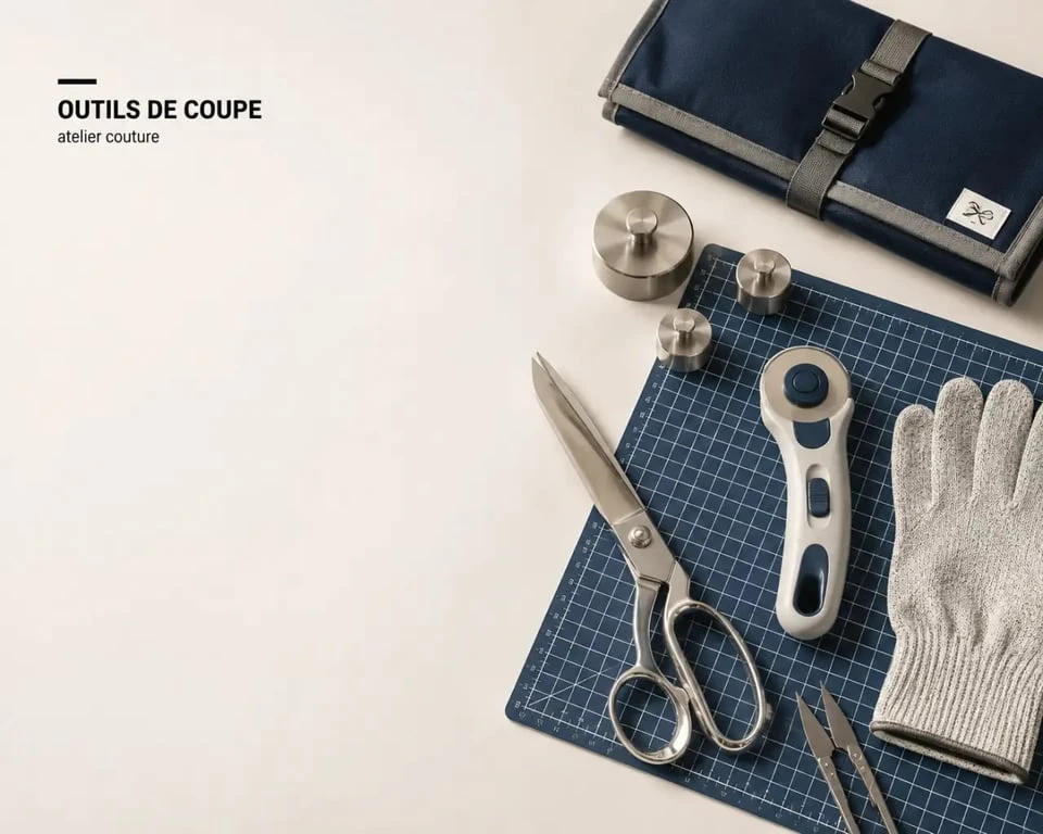 Matériel de coupe et d'entretien en couture présenté sur un plan de travail d’atelier