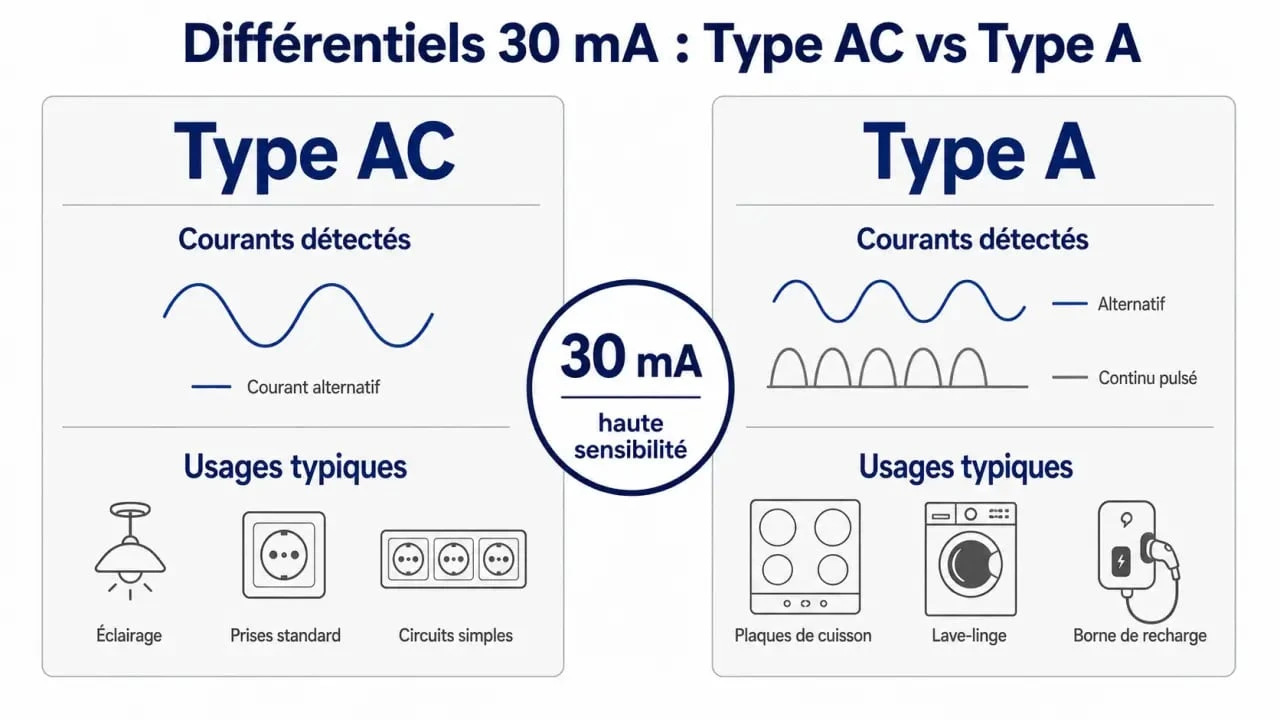 Différentiel type A ou AC : comparaison visuelle entre type AC et type A dans un tableau électrique