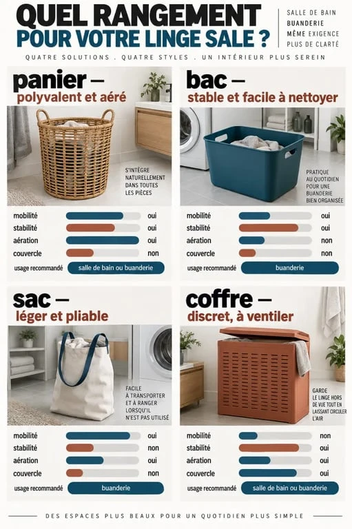 Infographie comparative des solutions de rangement linge sale : panier, bac, sac et coffre