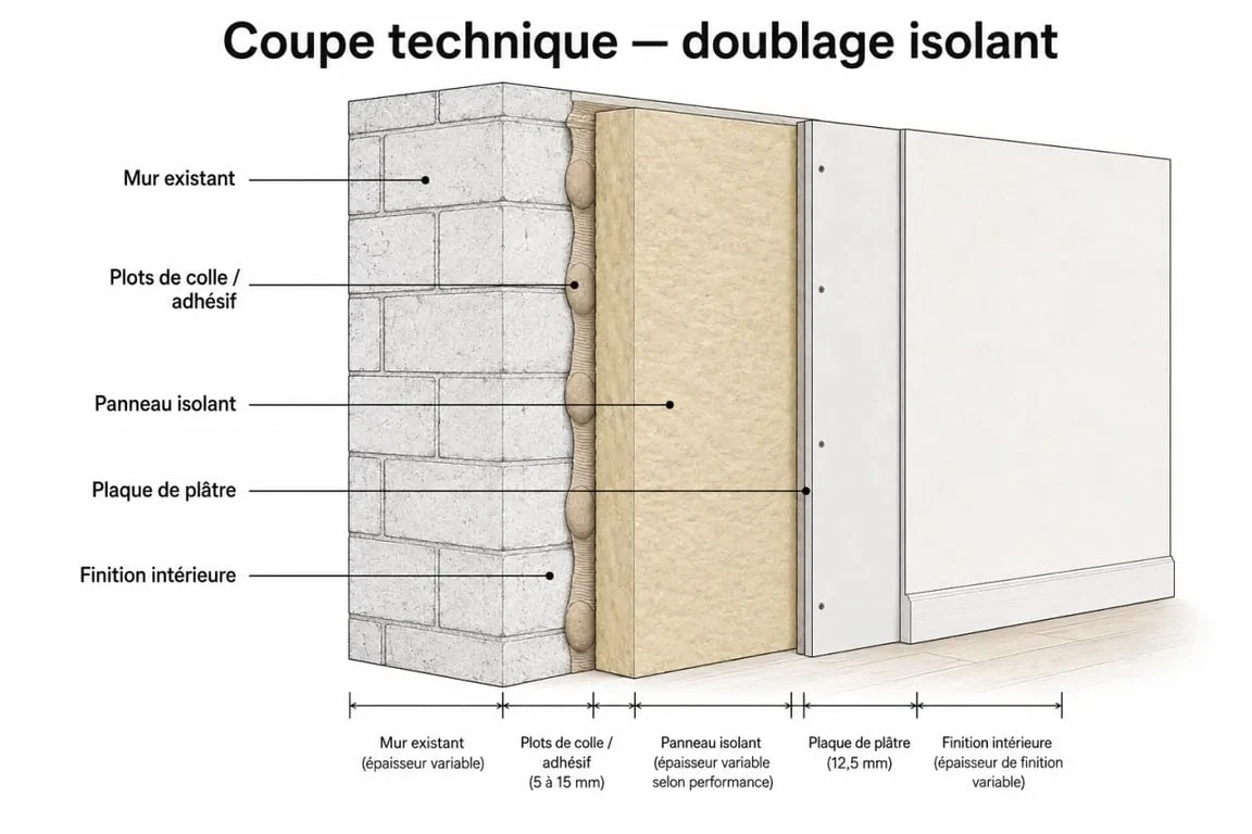 Schéma technique d'une plaque de platre avec isolant posée en doublage mural