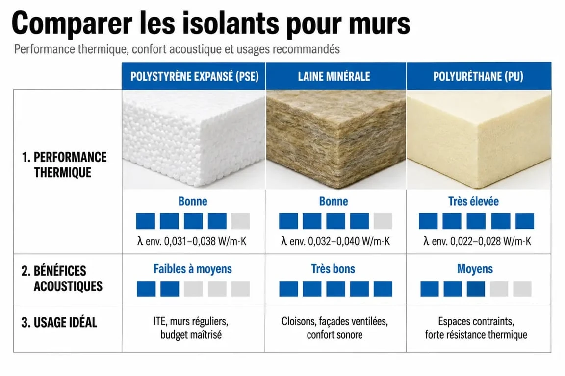 Comparatif des isolants pour plaque de platre avec isolant : PSE, laine minérale et polyuréthane