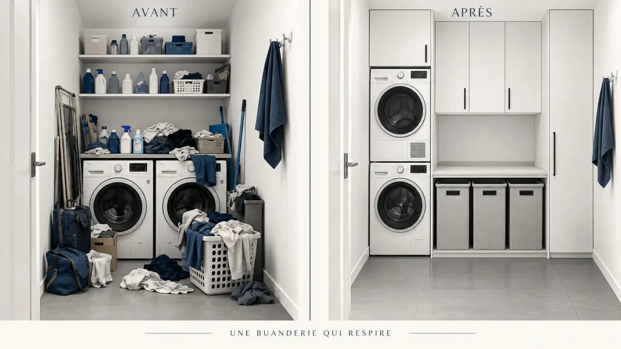 Avant après d’un meuble rangement buanderie dans un petit espace