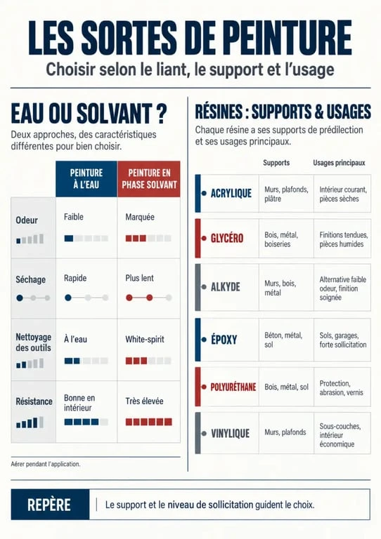 Infographie des différentes sortes de peinture, de l’acrylique à l’époxy selon leur composition et leur usage