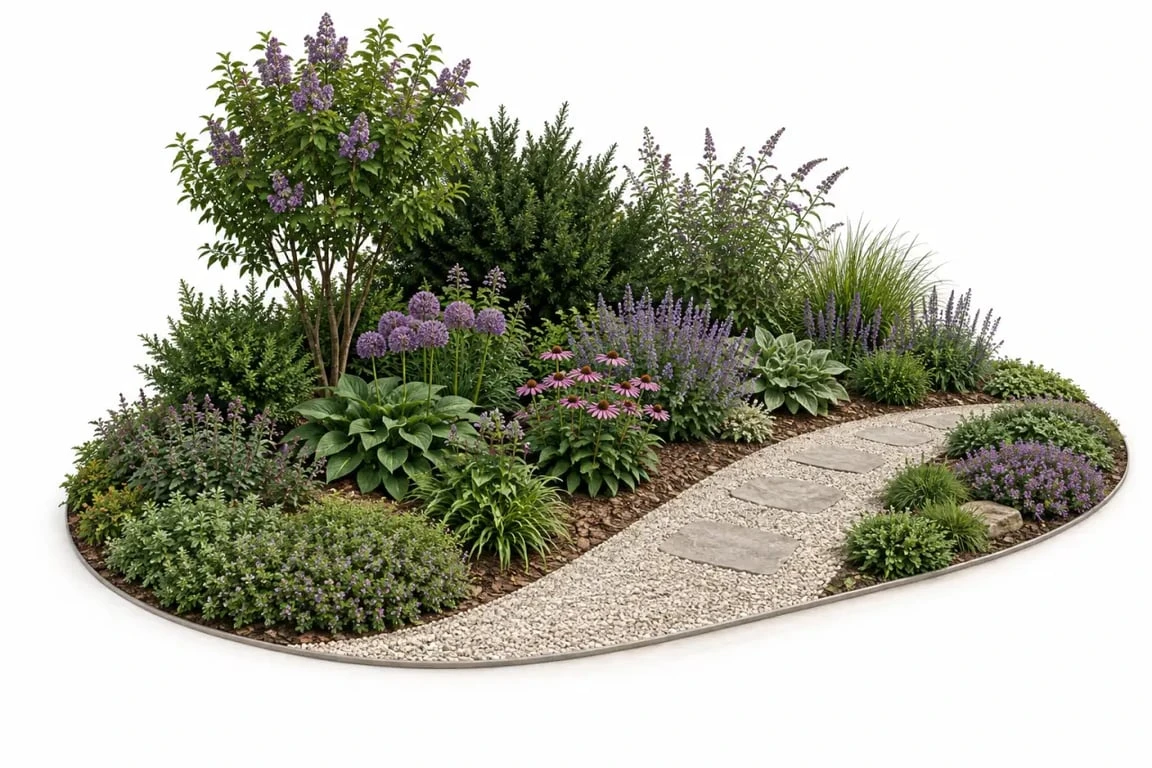 Aménagement massif jardin avec plantes hautes, vivaces, couvre-sols et paillage