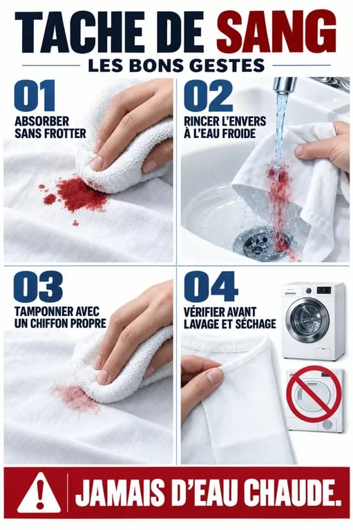 Étapes illustrées pour retirer des taches de sang avec de l’eau froide et un tamponnage doux
