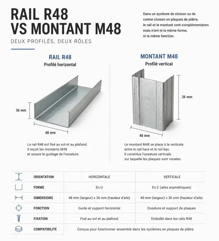 Différence entre rail R48 et montant M48 pour la pose placo rail et montant