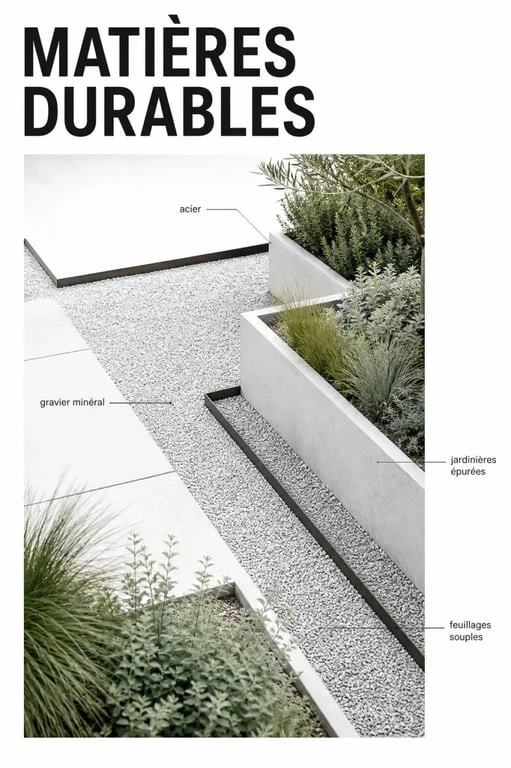 Aménagement jardin moderne avec matériaux sobres, bordures en acier et plantations graphiques