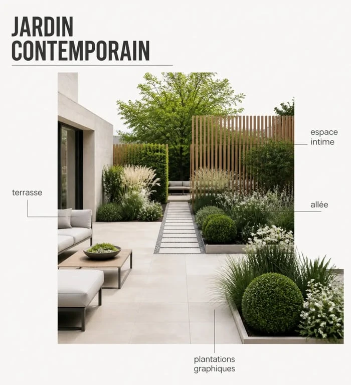 Aménagement jardin moderne avec zones distinctes, terrasse contemporaine et végétation graphique