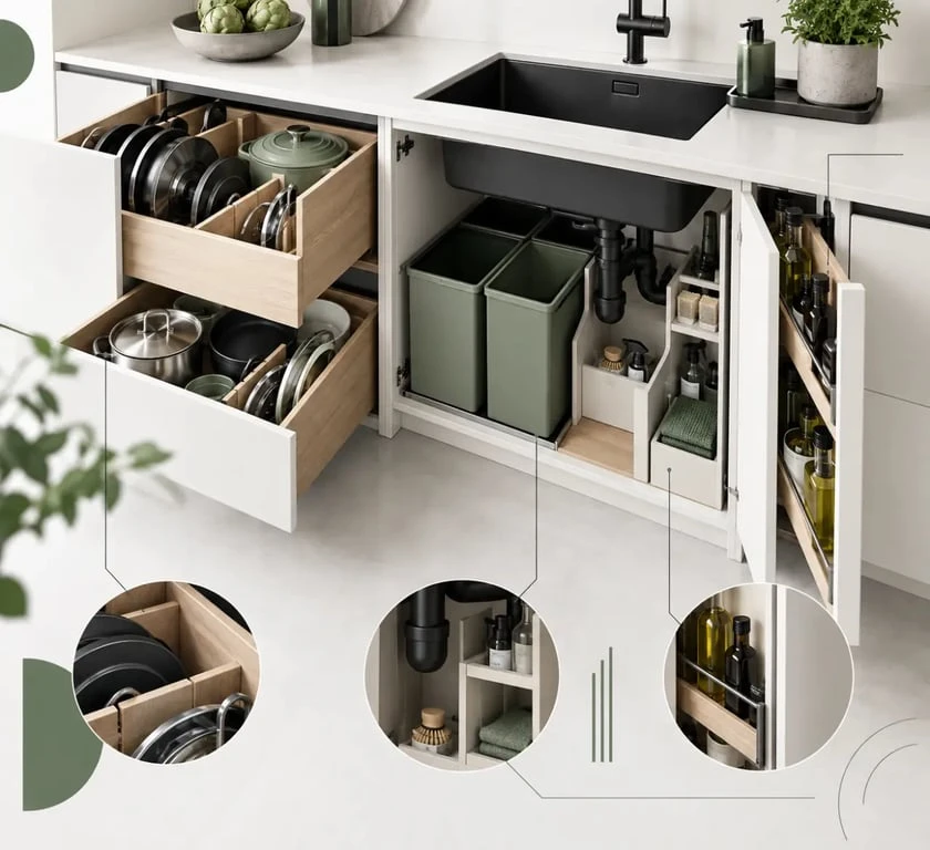 Tiroirs coulissants et rangements intérieurs pour optimiser les rangements dans une petite cuisine