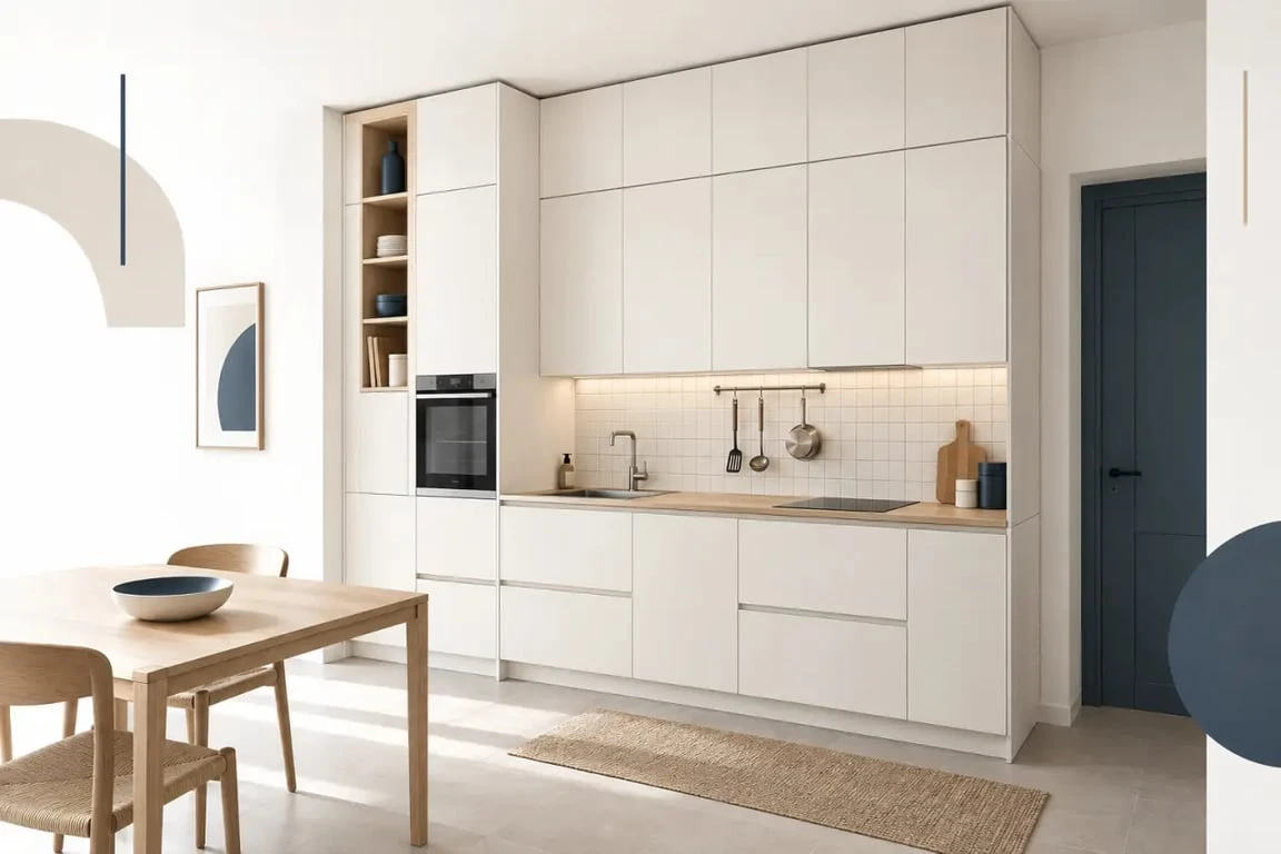 Petite cuisine organisée avec des rangements en hauteur pour optimiser les rangements dans une petite cuisine