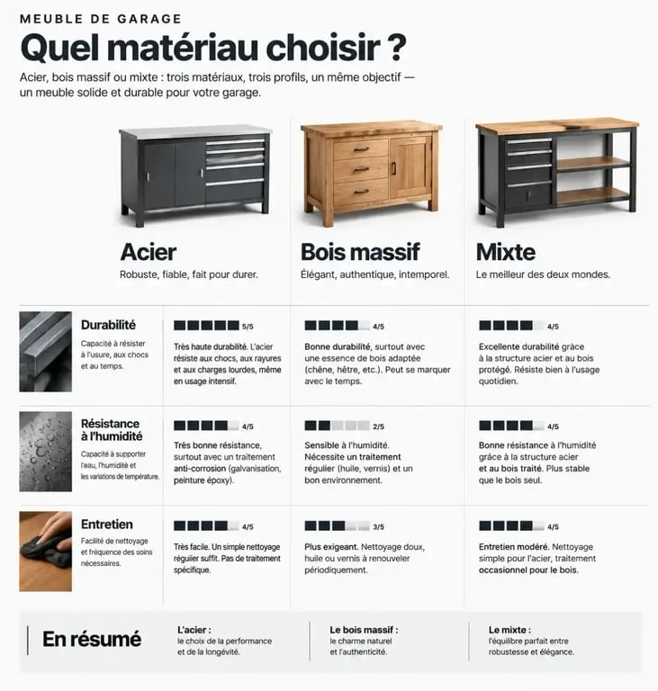 Comparatif des matériaux pour meuble de garage : acier, bois et mixte pour un rangement optimal.