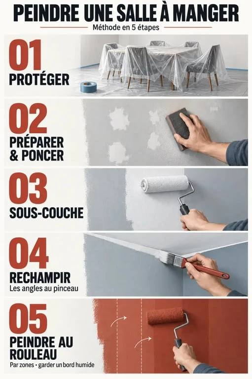 Étapes pour peindre une salle à manger, de la préparation du mur à l’application au rouleau