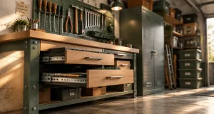 Meuble garage rangement en acier et bois pour atelier durable