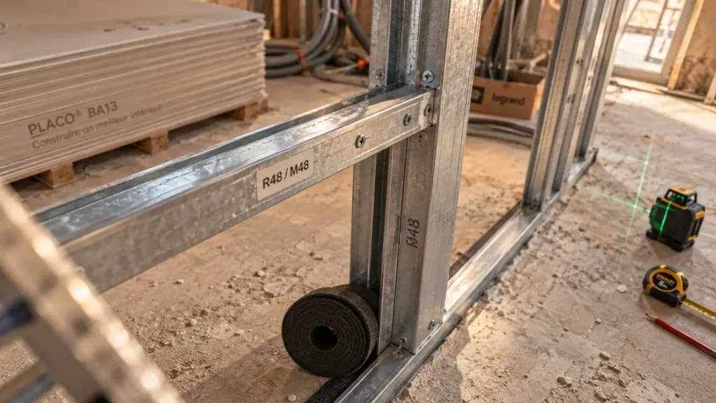Pose placo rail et montant : ossature cloison en chantier