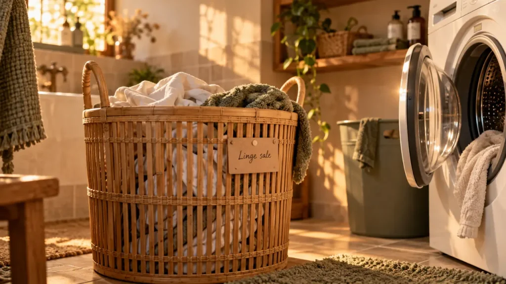 Rangement linge sale : panier en bambou ventilé pour cacher le linge