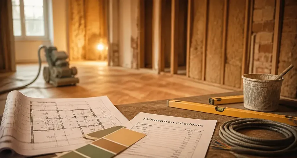 Travaux de rénovation intérieur : chantier en salon, isolation et enduit