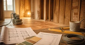 Travaux de rénovation intérieur : chantier en salon, isolation et enduit