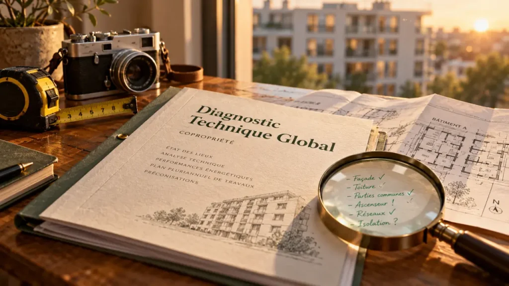 Diagnostic technique global : dossier et plan d’immeuble sur table