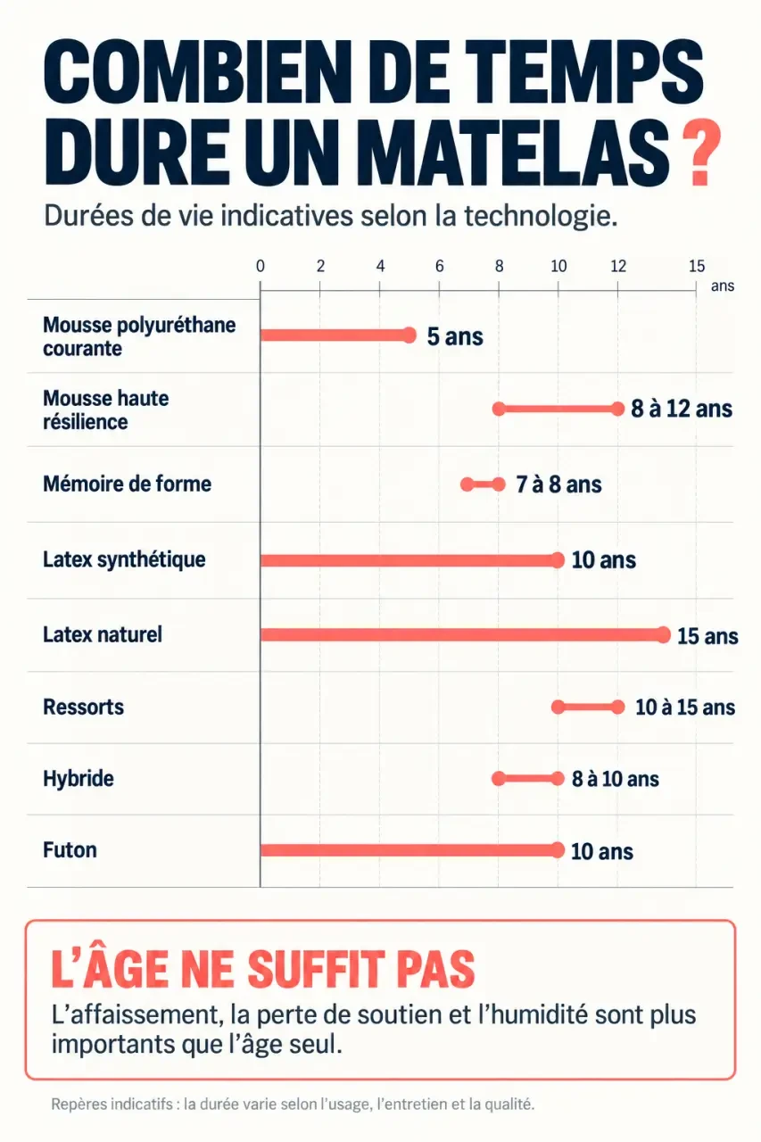 Infographie sur la durée de vie d’un matelas selon sa technologie et les signes d’usure