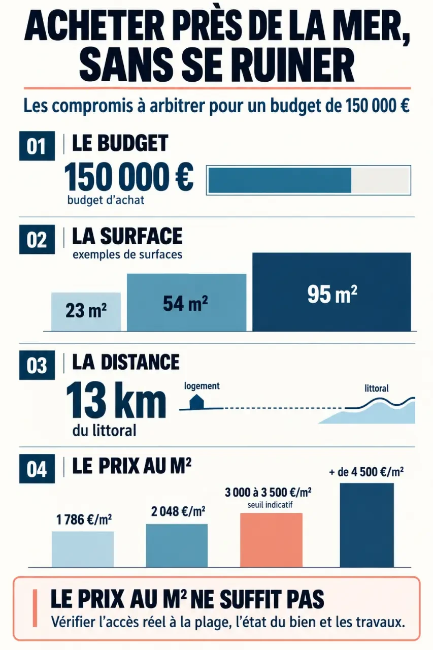 Infographie pour trouver une maison pas chère au bord de la mer selon le budget, la surface et la distance à la plage