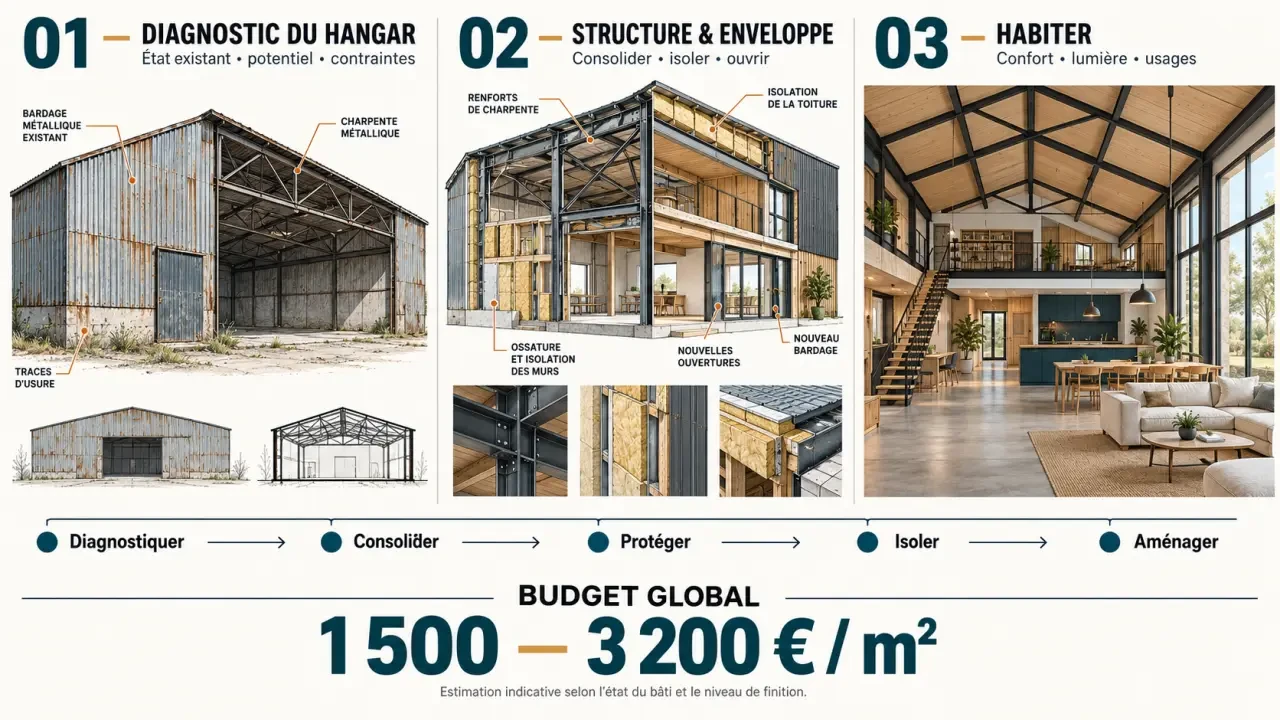 Infographie sur le budget et les étapes pour transformer un hangar en maison