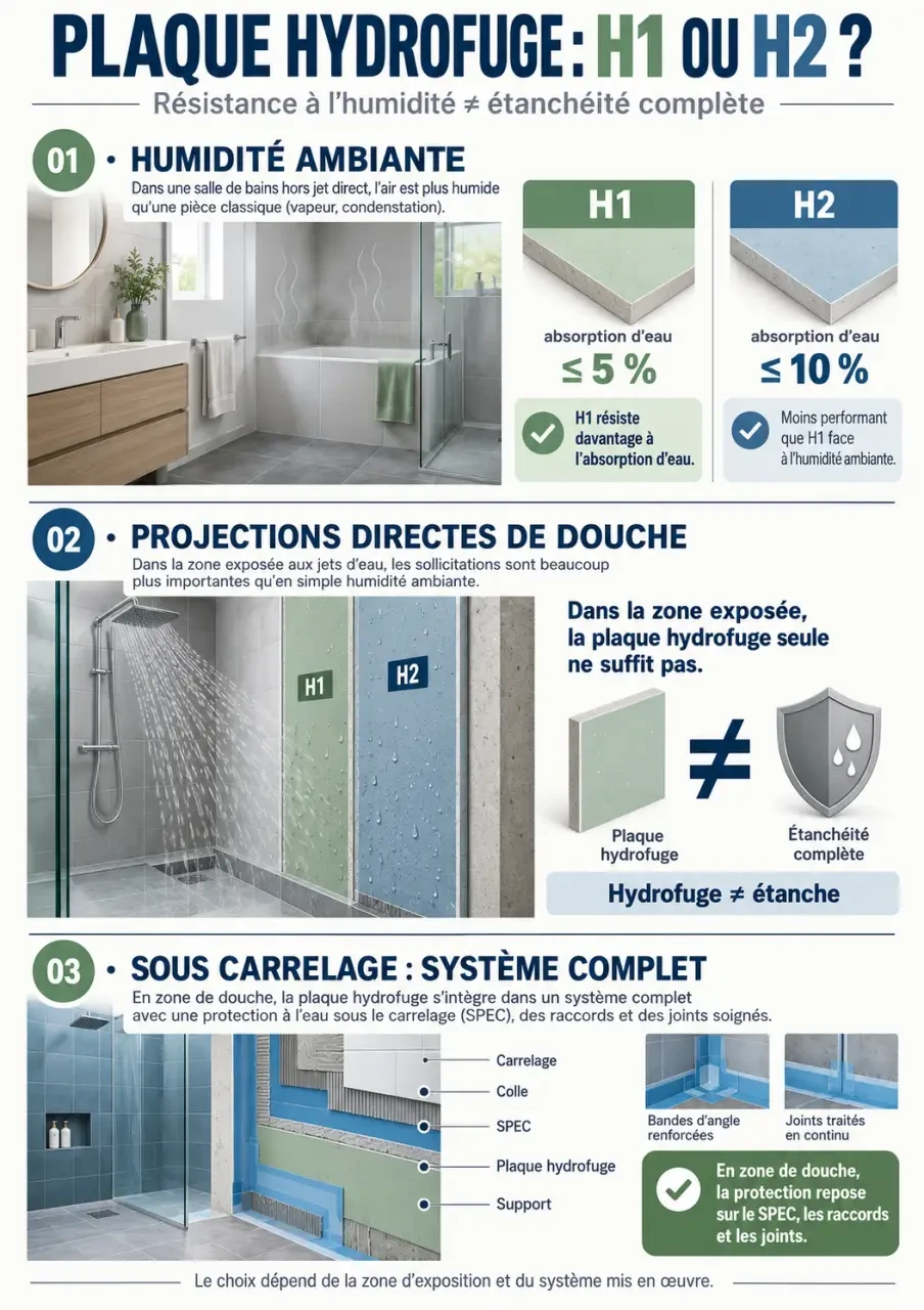Infographie sur la différence entre Placo Hydromax et Hydrorésist selon l’humidité, les projections et l’étanchéité sous carrelage