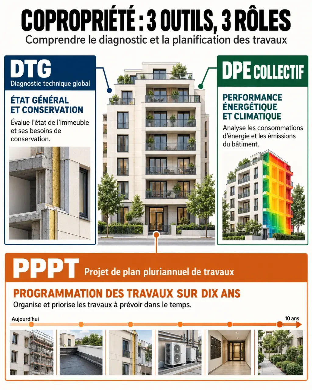 Infographie sur le diagnostic technique global, le DPE collectif et le plan pluriannuel de travaux en copropriété