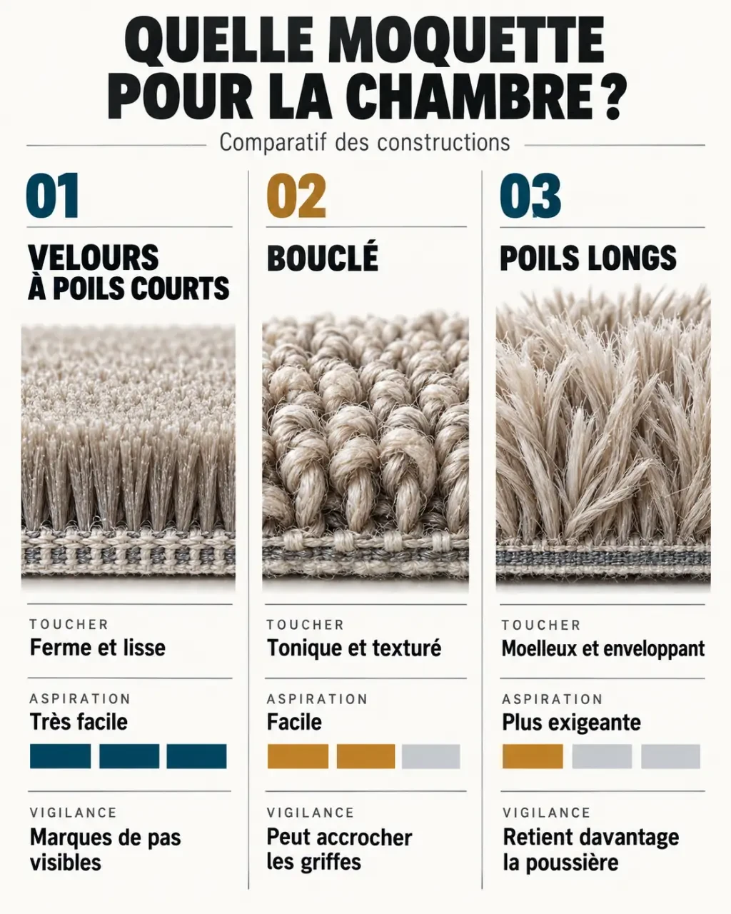 Infographie comparative des types de moquette chambre : velours, bouclé et poils longs