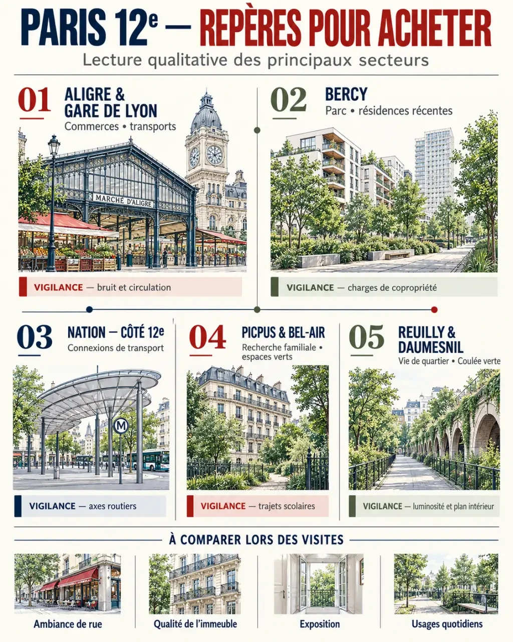 Infographie des quartiers à considérer avec un chasseur immobilier Paris 12