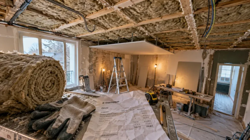 Isolation plafond laine de roche entre solives, chantier rénovation, réduit bruit et chaleur