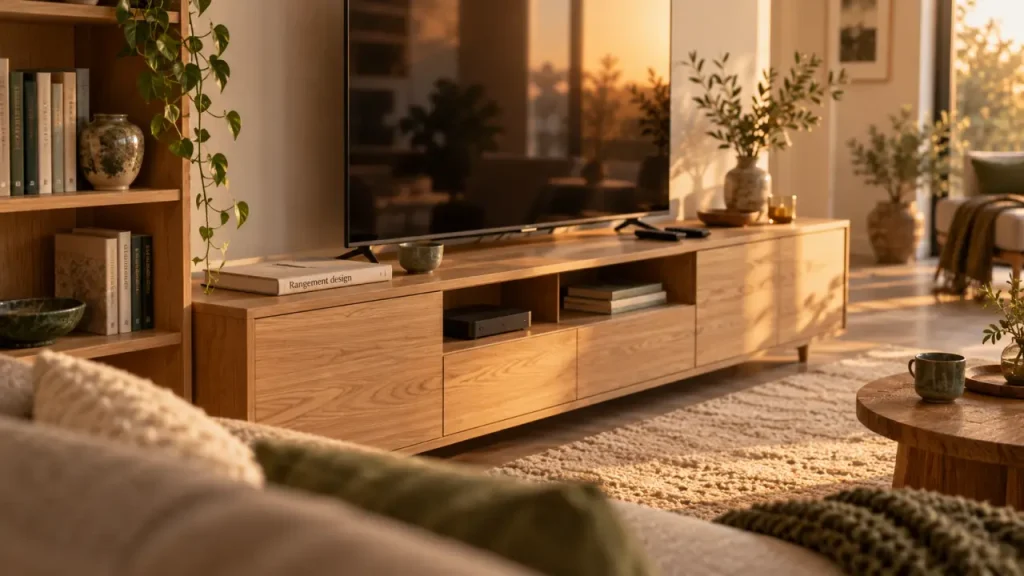 Meuble de rangement design : niches ouvertes et fermées en salon lumineux